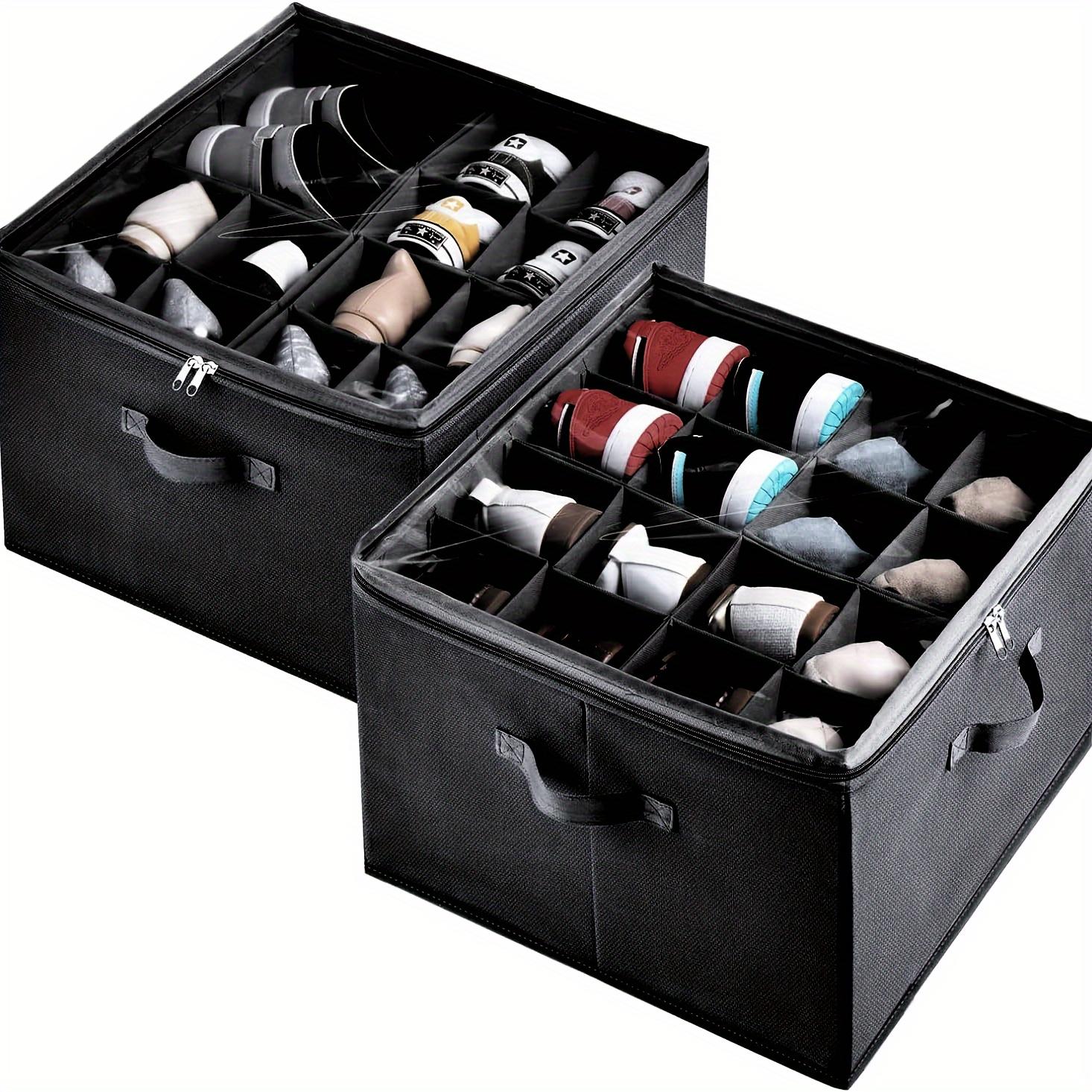 TEMU 2 Pack Closet Shoe Organizer, Accommodates Up To 32 Pairs, Compact Shoe Storage Boxes With Adjustable Dividers And Transparent Lid, Black Baskets, Bins & Containers