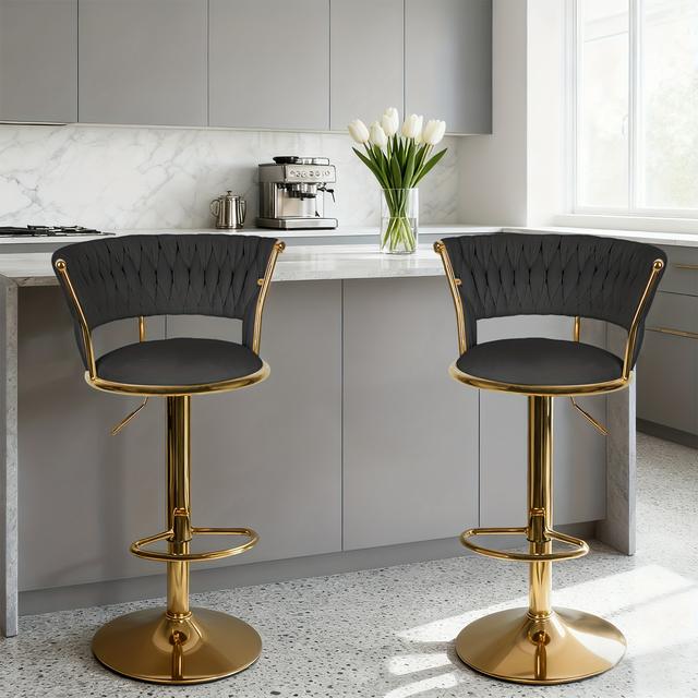TEMU Luxury Swivel Bar Stool Set Of 2 - Velvet Upholstered Woven Stool, Golden Metal Legs | Height Adjustable 82-100cm, Modern Counter Bar Stool For Kitchen Island, Home Bar/restaurant (2pcs, Black)
