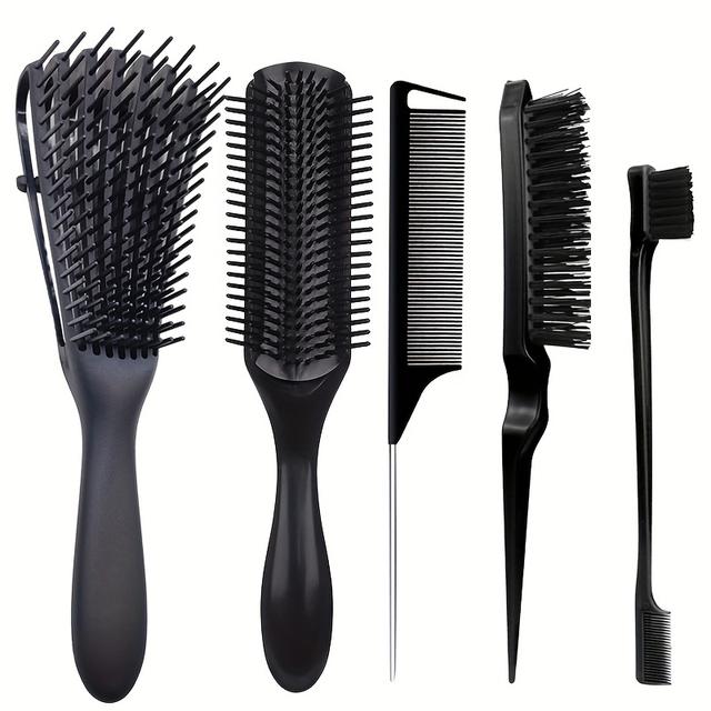 TEMU 5pcs Hair Styling Tool Set Including A High-density Volumizing Comb, A Tail Comb, A Ribbed Comb, And A Fringe Hairline Brush, Portable Hairstyling