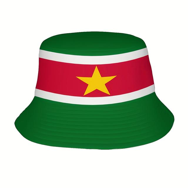 TEMU 1pc Suriname Flag Bucket Hat - Stylish Black With Yellow Star & , High-quality Polyester, Men, Women, And , Beach & Accessory, Accessory | Stylish Bucket Hat | Knitted Texture