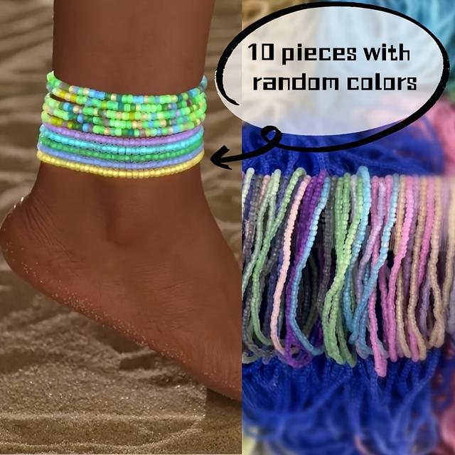 TEMU 10er Set Urlaubs-Strand-Stil Zufällige Farbe Leuchtende Perlen Stacked Knöchelarmbänder für Damen