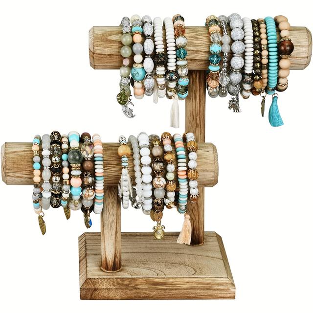 TEMU Double-layer Wooden Jewelry Bracelet And Watch Display Stand, Bracelet Hair Tie Necklace Storage Rack, Jewelry Towers