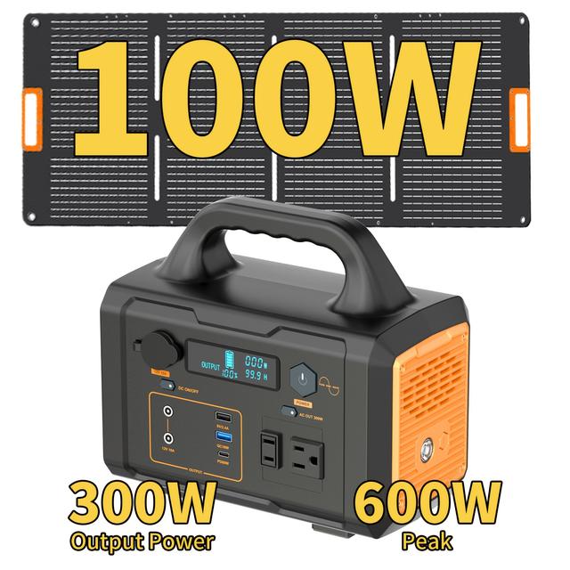 TEMU 300w+100w Solar Panel Portable Power Station, 296wh Backup Lithium Battery, 120v/300w Ac Outlet, Solar Generator For Home, Rv, Outdoor, Camping And Emergencies Use