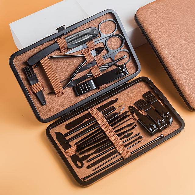 TEMU 24pcs Brown Nail Care Kit | Includes Durable High-carbon Steel Nail Clippers, Portable With Premium Leather Storage Case, Essential For Home Use, Ideal Gift For Men And Women