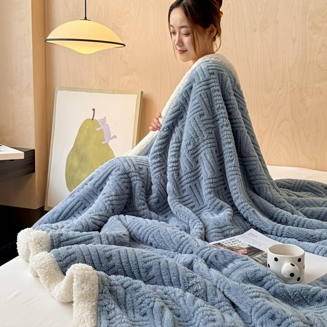 TEMU New Jacquard Blanket Thickened Lamb Fleece Coral Fleece Small Blanket Office Nap Sofa Blanket Student Dormitory Blanket Universal For