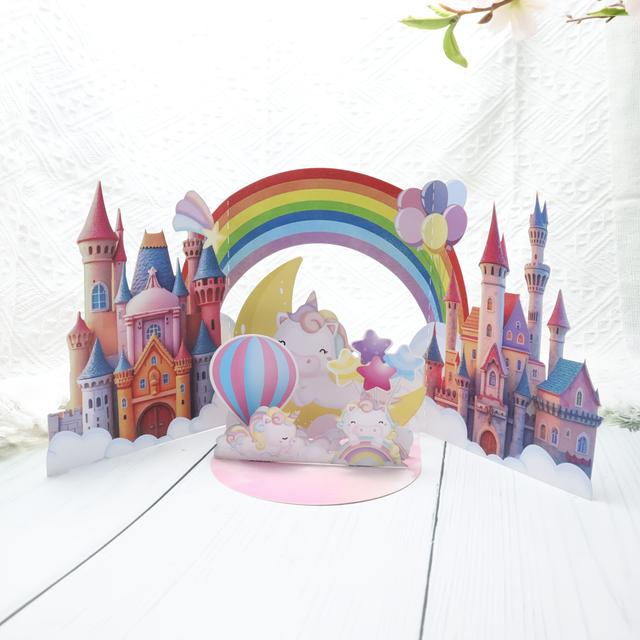 TEMU Unicorn Birthday Card, Home Decor, Tabletop Decoration, Perfect For Birthdays And Holidays, Castle Rainbow Design, Ideal Gift For Family, , And Anyone