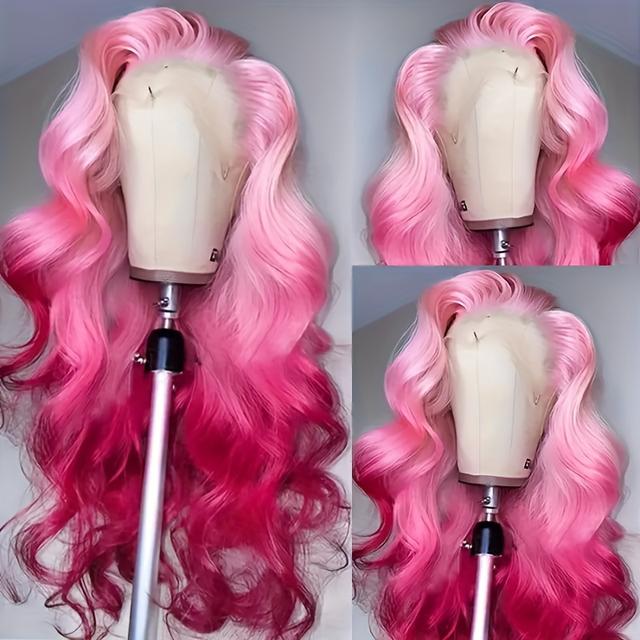 TEMU Exquisites 13x4 Hochtemperatur-Faserfront-Wellenperücke - Farbverlauf Rosa & Blau, Synthetikhaar, Vorgezupft, 66.04 cm Lang, für Hochzeiten und formelle Anlässe, Eleganter Stil mit glatter Textur