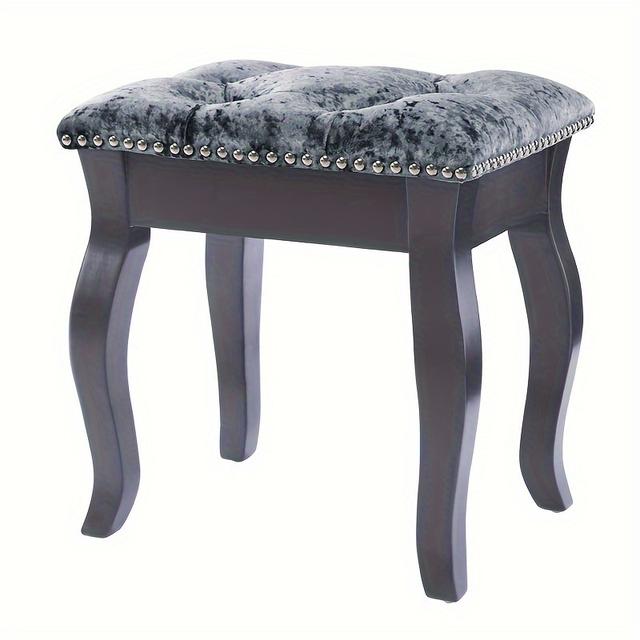 TEMU Elegant Crushed Velvet Padded Vanity Stool With Studded Edges - Grey Square Ottoman For Bedroom, Living Room, Or Dressing Table, 40x30x41cm, Wood Frame And Legs
