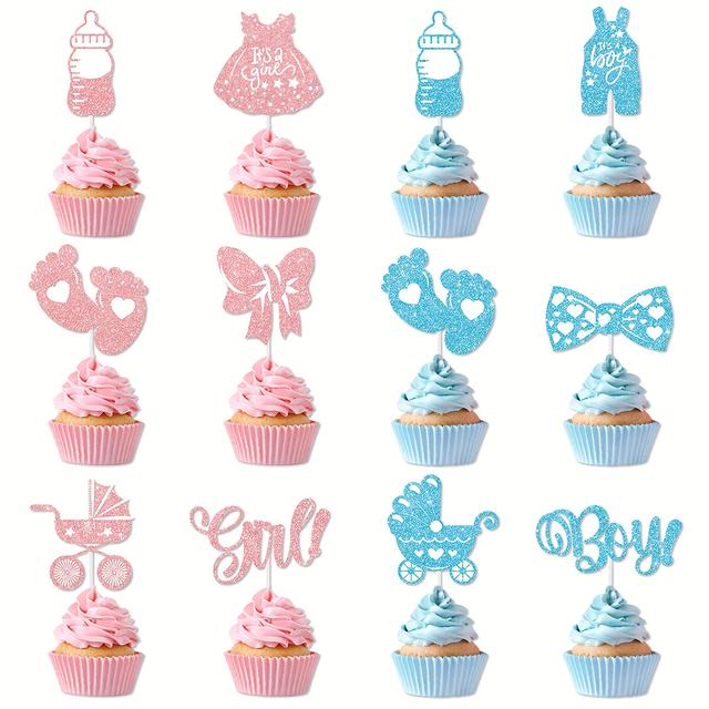 TEMU 24pcs Glitter Baby Shower Cupcake Toppers Cake Topper, Oh Baby Onesie Bottle Cupcake Toppers Cake Topper For Baby Shower Party Decoration Supplies