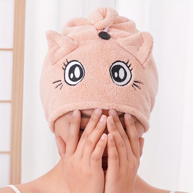 TEMU 1pc Quick Drying Cartoon Embroidery Big Eyes Cat Hat Coral Velvet Quick Drying Hat Soft Suction Shower Cap Bathroom Supplies