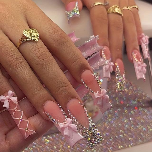 TEMU 24 uñas postizas largas en forma de ataúd con , reutilizables XXL/XXXL, con lazo 3D y superficie de strass , estilo elegante y brillante para mujer, uso diario, fiestas y festivales