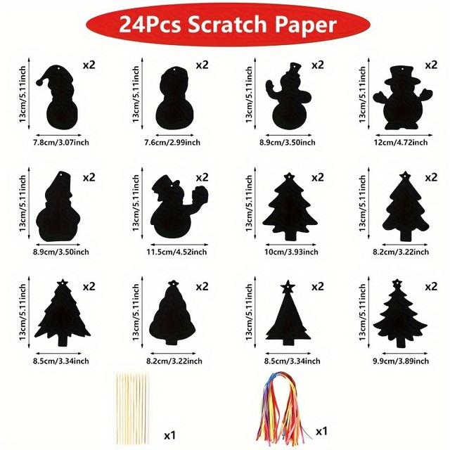 TEMU 24pcs, Rainbow Christmas Scratch Paper, Snowman & Christmas Diy Scratch Painting Paper Ornaments, Magic Scratch Off Cards Paper For Christmas Tree Hanging Decorations Gifts