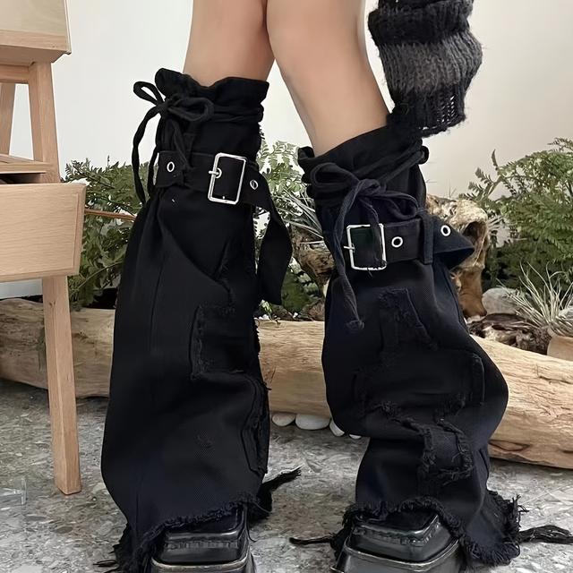 TEMU -Stil Schwarze Kreuz-Leggings Vielseitige Beinwärmer mit Kordelzug Mid-Calf Ausgestellt Gestapelte Socken Instagram