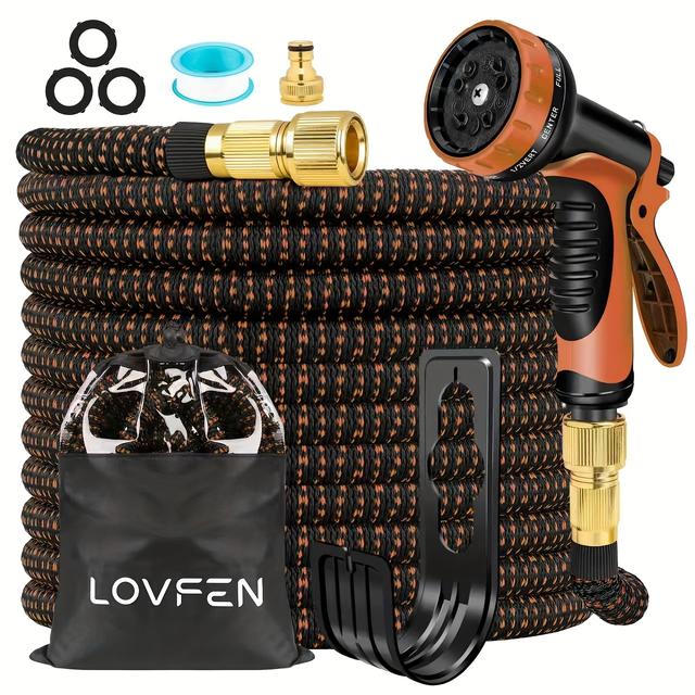 TEMU Lovfen Expandable Flexible Garden Water Hose Featuring -function Spray Nozzle In Orange, In Lengths Of 25, 50, 75, 100, And 150 Feet