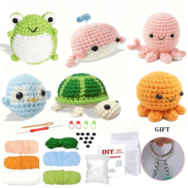 TEMU 6-delige Gehaakte Dieren Kit Eenvoudige Haakset voor Beginners Kerstcadeaus voor Vrienden Leer Haken met Haaknaalden, Garen, Stapsgewijze Instructies Video, Haakset voor Beginners