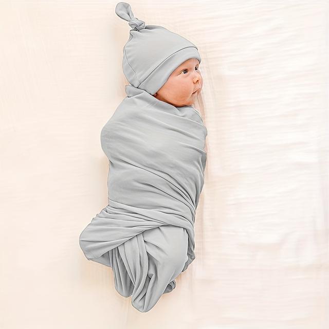 TEMU 2pcs Solid Color Scarf Pulling Hat Two-piece Set Bags Fetal Hat Set Pink Hugs Anti-shocking Bags Swaddling Anti-kicking Quilt Bath Towel Gift