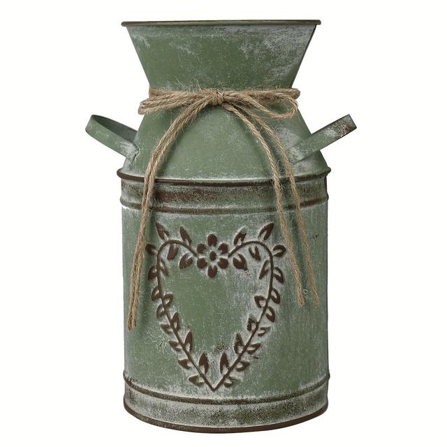 TEMU فازة ريفية عتيقة مصممة بنمط شبيه بالشيك الريفي، تتميز بحافة علبة حليب مجلفنة مع مقبض، مثالية لتنسيقات الزهور باللون الأسود أو الأزرق أو الأخضر
