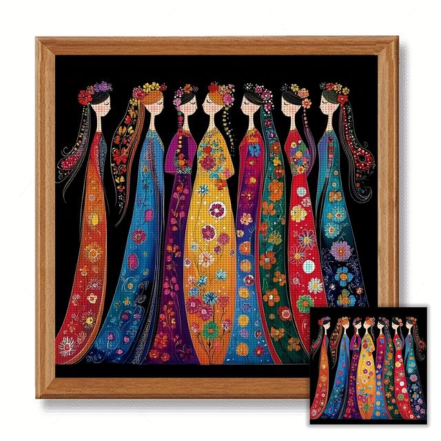 TEMU JOZYSH 프레임리스 스탬핑 십자수 스타터 키트 1개, 40x40cm/15.7x15.7인치, 11CT/14CT, 아름다운 여인들, 초보자 및 성인을 위한 힐링 DIY 십자수 자수 키트, 사전 인쇄된 아이다 천, 바늘, 실, 인쇄된 도안 및 설명서 포함, 친구를 위한 이상적인 선물, 가정 사무실용 수공예 예술 벽 장식