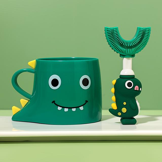TEMU Ensemble de Brosse à Dents en de Dinosaure avec Poignée en Silicone et Gobelet Dinosaure, Disponible en , Idéal pour les 3-6 Ans