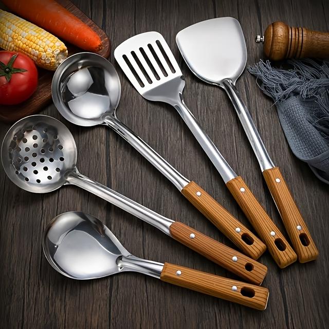 TEMU 5pcs/4pcs [durable Cooking Tools Set] Stainless Steel Kitchenware Set Including Shovels, Spoons, Slotted Tumblers And Other Durable Cooking Tools For Home And Restaurant Use