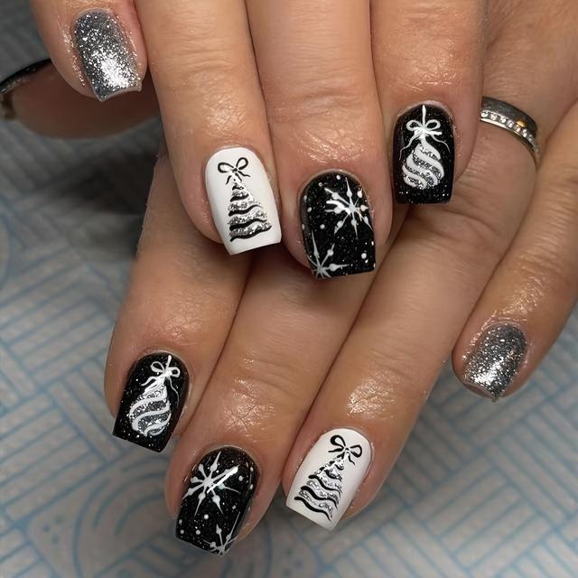 TEMU 24pcs Of Black And White Silvery Glitter Short Square Christmas Christmas Tree Hydrangea Snowflake Art Fake Nails, Winter Wear Nail Art Press Nail Pieces