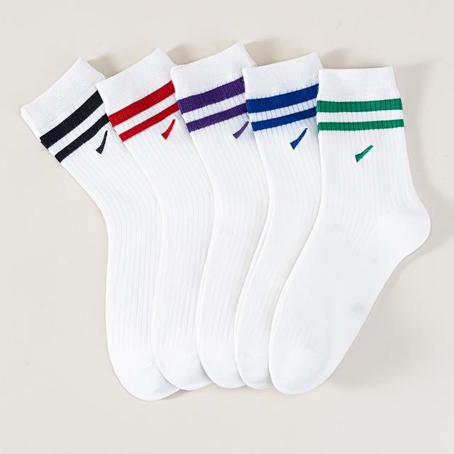 TEMU 5-Paar Sport-Crewsocken mit weißen Streifen (schwarz/rot/lila/blau/grün), weich, bequem atmungsaktiv, ideal für Laufen/Fitness/Freizeit, praktisches 5er-Pack