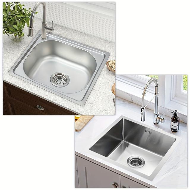 TEMU Square Kitchen Sink Single Bowl Stainless Steel With Strainer & Drainer Waste Plumbing Pipes Undermount Installation 345 * 290 Mm 13.5 * 11.4 Inch