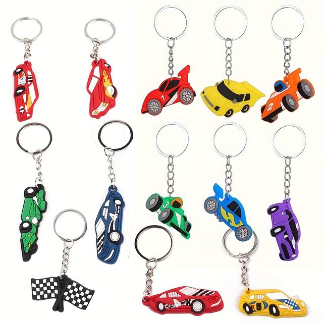 TEMU 13-piece Set Cartoon Racing Car Keychains, Fashionable Pvc Keyrings, Street Style, Non-braided Party Favors