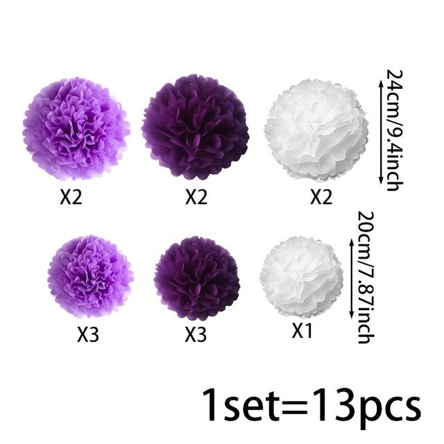 TEMU 13pcs Of Purple Paper Flower Balls For Party Decoration, Suitable For Wedding Decor, Birthday Party Backgrounds, And Decorative Props