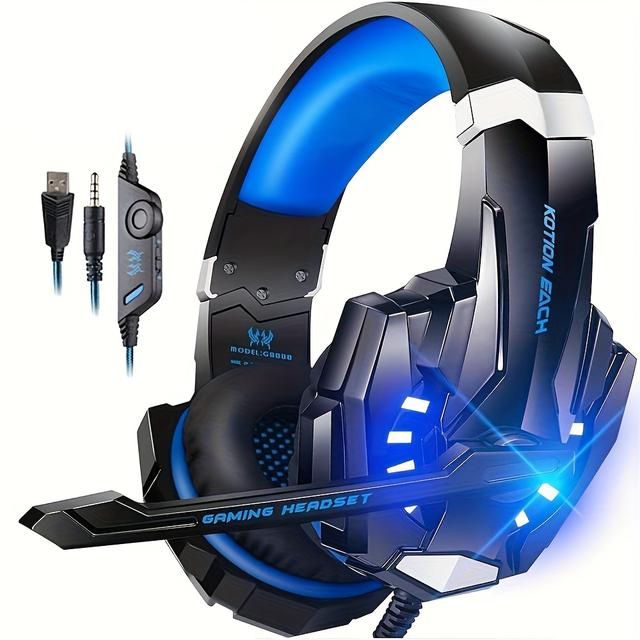 TEMU Vezetékes Gaming Headset LED Fényekkel, Zajszűrő Fülhallgató, 3.5mm Jack, Adásba Készülő Minőségű Mikrofon, Hangerőszabályzó, Alkalmas PC-hez, Laptopokhoz és Konzol Kontrollerekhez (Fehér és Kék)