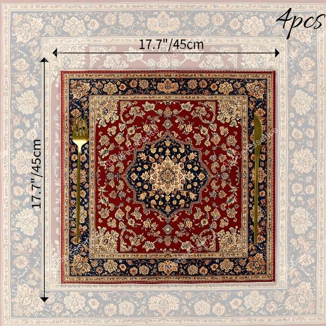 TEMU 4pcs Vintage Persian Floral Tablecloth Napkins - Elegant Red & Golden Pattern, Washable Polyester Square Cloths For Dining, Weddings,