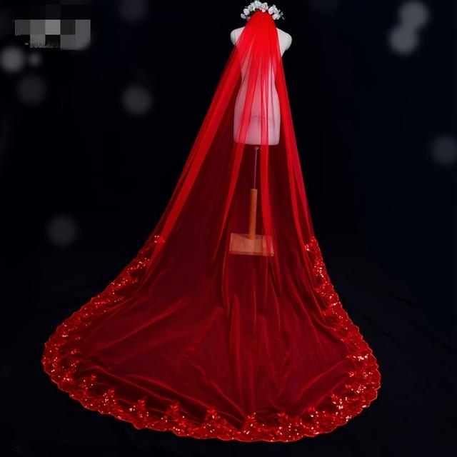 TEMU A Single-layer Veil With A Long Train, Perfect For A Chinese Wedding Banquet, Featuring Trim And A Hair Comb For Photography