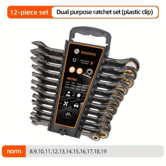 TEMU 12pcs Fixed Head Ratchet Wrench Set Made Of Chrome Vanadium Steel, With A Plastic Holder, Includes Wrenches From 8 To 19 Mm, Essential For Hardware, Manual Repairs, And Home Improvement.
