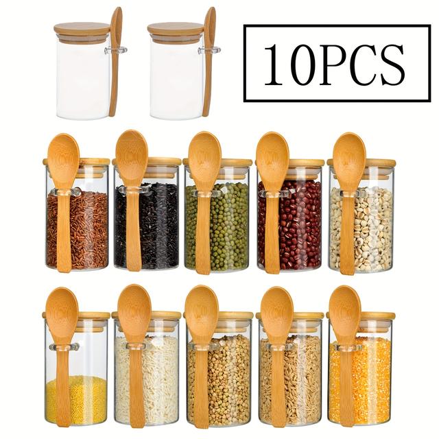 TEMU 10oz Round Glass Spice Jars Bulk Set Of 10, 280ml, With Bamboo Lids And Spoons, High Borosilicate Glass, Ideal For Storing Salt, Pepper, Sugar, And Spices In Kitchen, Home, And Restaurant
