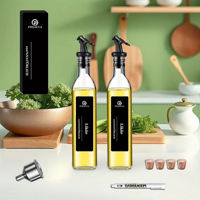 TEMU 2pcs Oil And Vinegar Dispenser Set, 500ml Olive Oil Dispenser Bottle, Diy Extra , High Glass Oil Bottle, With Nozzle, Stainless Steel Funnel