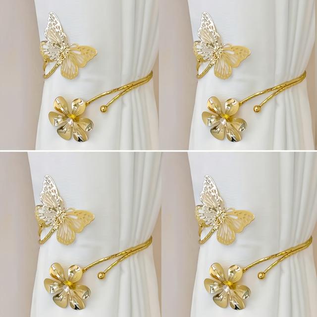 TEMU 4pcs Elegant Metal & Floral Curtain Ties - No-drill Hangers With Intricate Cutout Design, For Home & Hotel Decor, Curtain Additions | Decorative Curtain Ties | Metallic End