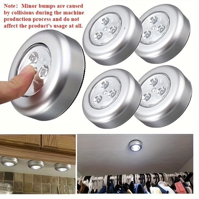 TEMU 5pcs/set Round Led Touch Lights For Office Cabinet Use. Each Light Features 3 Led Beads With A Self-adhesive Design. Ideal For Office And Home Decor. Battery Not Included