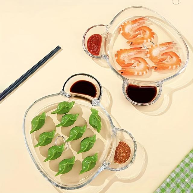 TEMU 2pcs Cartoon Glass Serving Platter With Sauce Dish - Multifunctional Snack & Dumpling Tray For Home And Restaurant Use