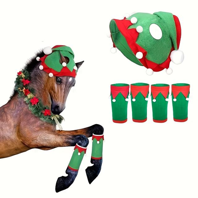 TEMU Models For 2025 Featuring A Christmas Costume That Includes Red And Hoof Boots, A Matching Hat, And A Bonnet With Elk Or Holly Leaves - A Full Equine Holiday Ensemble Perfect For , Photo