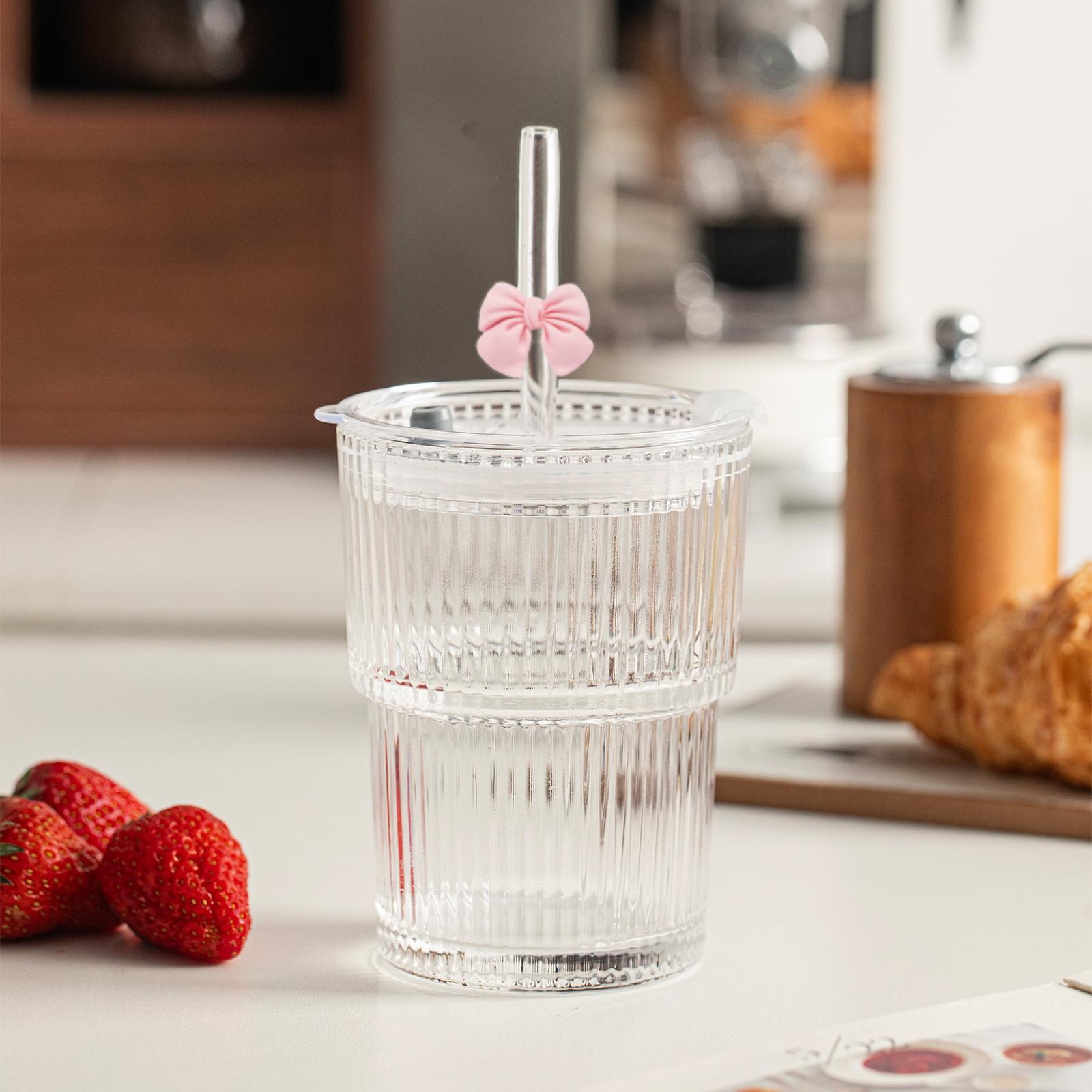 TEMU 380ml Glass Cup With Pink Bowknot And - Leakproof, Reusable, For Iced Coffee, Smoothies, Matcha | Trendy Drinkware For Tiktok, Dishwasher Safe, Perfect For Home Or Office Use, Coffee Travel Mug