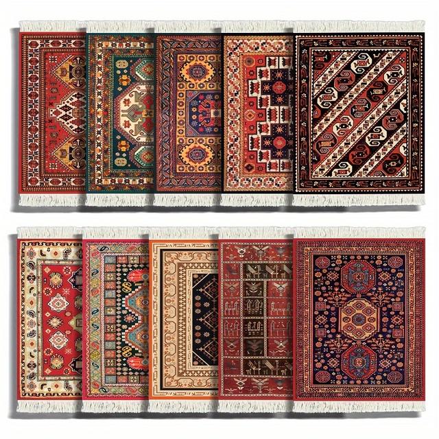 TEMU 10pcs Oriental Carpet Drink Mat | Soft Fabric, Heat-resistant, Multi-colored Coasters For Kitchen & Home Dining Decoration