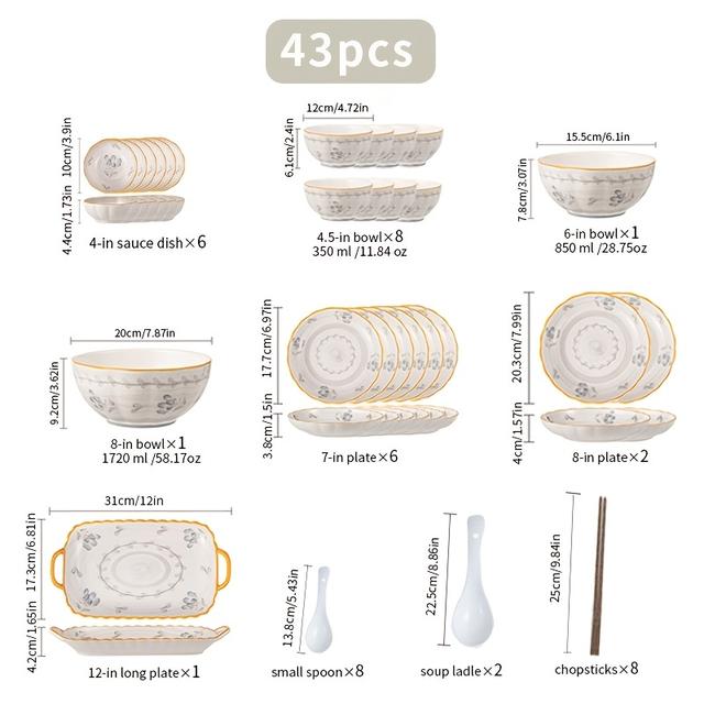 TEMU 22/34/43-teiliges Keramik Geschirr Set, Dunkles Blumenmuster, Retro , Obstschale, Pastaschale, Reisschale, Fleischsuppenschale, Geeignet für Restaurants, Hotels, Heimküchen, etc.