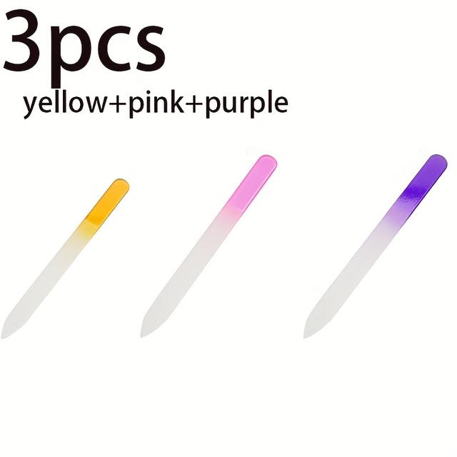 TEMU 3pcs Frosted Glass Nail File - Double-sided Unscented Tool, Suitable For Natural Nails, Gentle Care (pink, Yellow, Light Blue, Purple, Red), , Smooth Grinding Surface, Daily Beauty Tool
