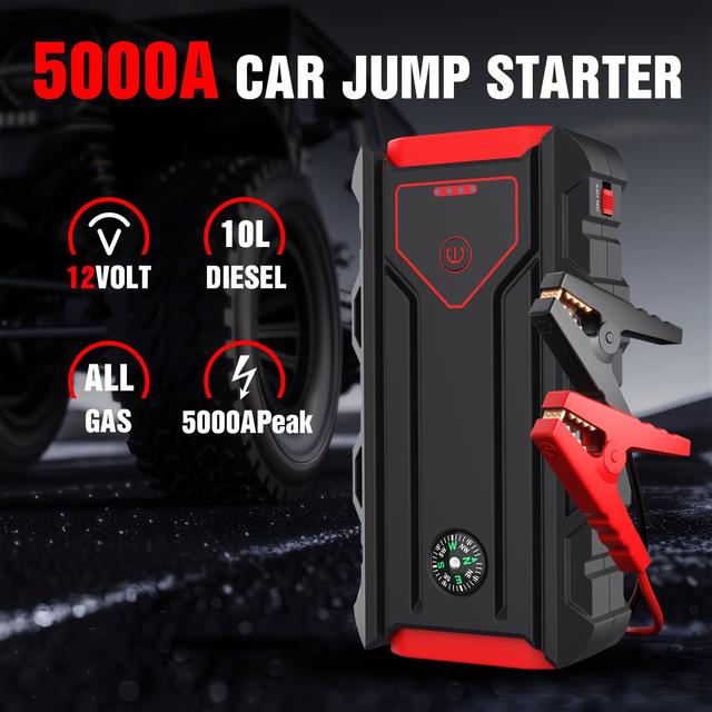 TEMU Car Jump Starter With , Compass, Emergency Window Breaker And Dual Usb Fast , Output 12v/8a, Multi-device Compatibility, Automotive Accessories - Durable Red/