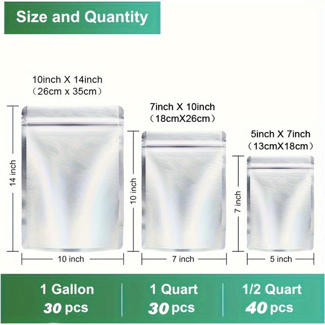 TEMU 100 Bolsas de Mylar para Almacenamiento de Alimentos, 1 9.4 Mil 10"x14", 7"x10", 5"x7", Bolsas con Cierre Hermético y Resellables para Almacenamiento a Largo Plazo