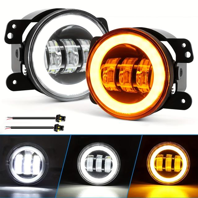 TEMU 4- LED dimljus med vita Angel Eyes Halo-ringar, designade för användning med JEEP Wrangler JK Unlimited JKU-modeller från 2007 till 2018, inklusive vita varpbelysningar och gula blinkers