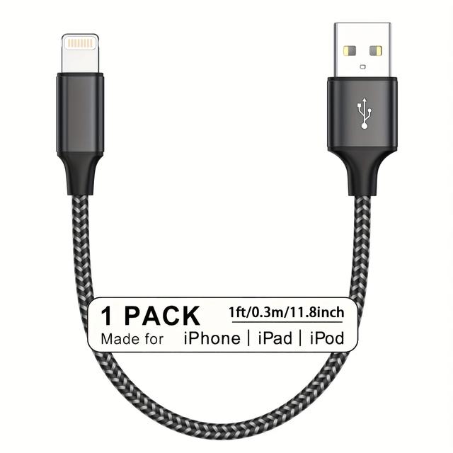 TEMU كيبل USB-A إلى 8 PIN مضفر من النايلون، واحدة، 1 قدم/0.3 متر | شحن سريع، دعم CarPlay للسيارة، متوافق مع iPhone 14 13 12 11 Pro Max XR XS X 8 7 6 Plus SE iPad والمزيد
