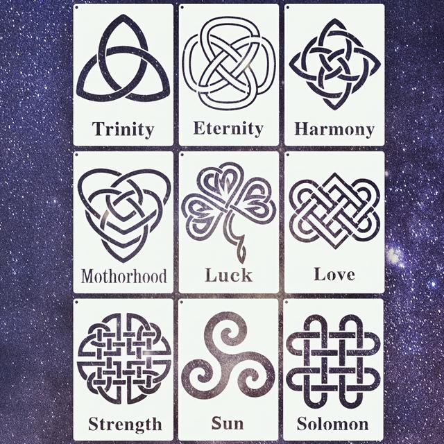 TEMU 9pcs Celtic Stencil Set - Love, Luck, Power, Sun And More, A5 Size For Wood, Canvas, Fabric And More | Diy Crafts, Art Projects, Home Decor Templates