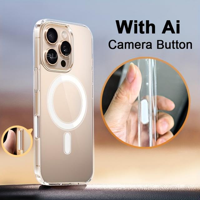 TEMU Phone Case: Luxury With Ai Button Case For Iphone 16 Pro 16pro 16promax Clear Hard Acrylic Magnetic Wireless Charging Transparent Shockproof Cover
