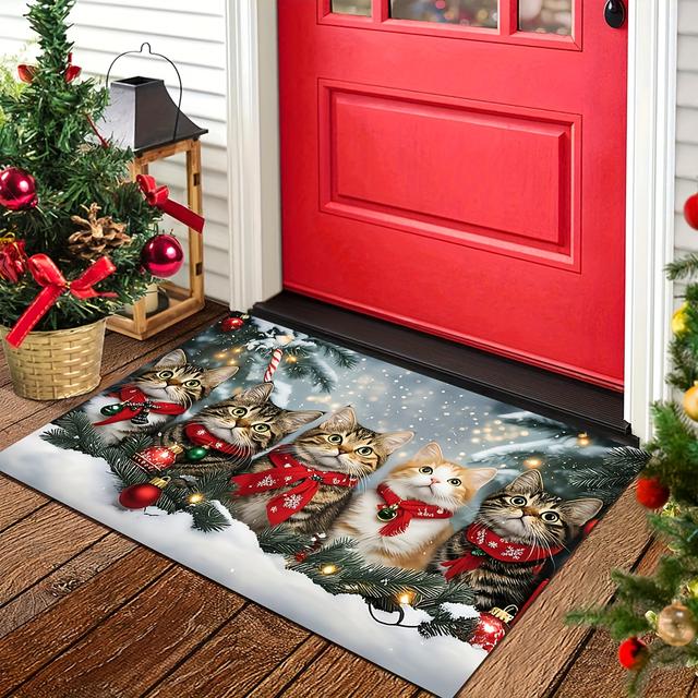 TEMU 1pc Felpudo Navideño para Gatos Adecuado para Uso Exterior - Entrada de Lindo con Gato Atigrado, Felpudo Lavable a Máquina para Puerta Principal, Decoración de Entrada para el Hogar